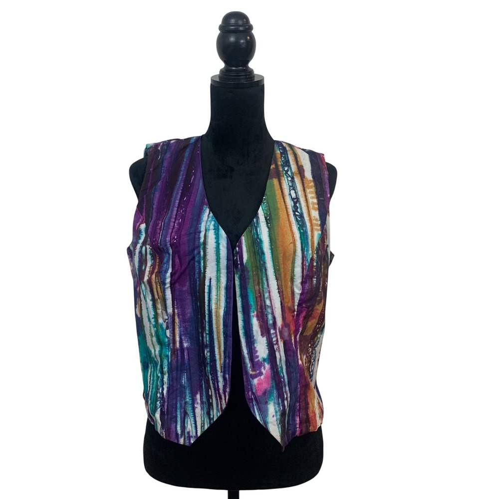 Women's Art to Wear Abstract Stripe Open Front Vest Purple Teal Watercolor Print